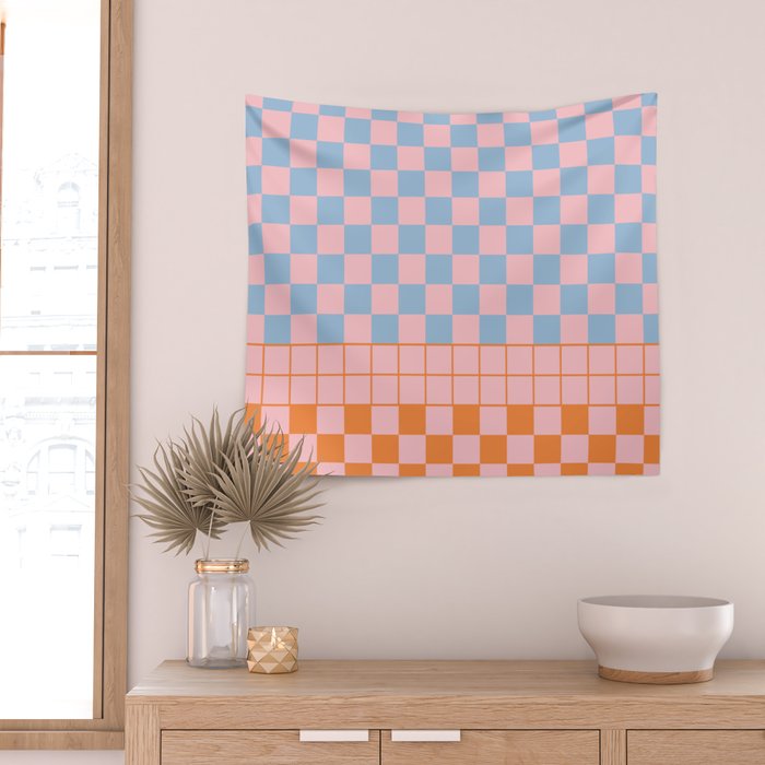 Checkered Triplet Mixed Check Pattern in Pastel Pink and Light Orange Wall Tapestry Gallery Image 2