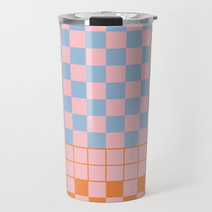 Checkered Triplet Mixed Check Pattern in Pastel Pink and Light Orange Travel Mug Gallery Image 1
