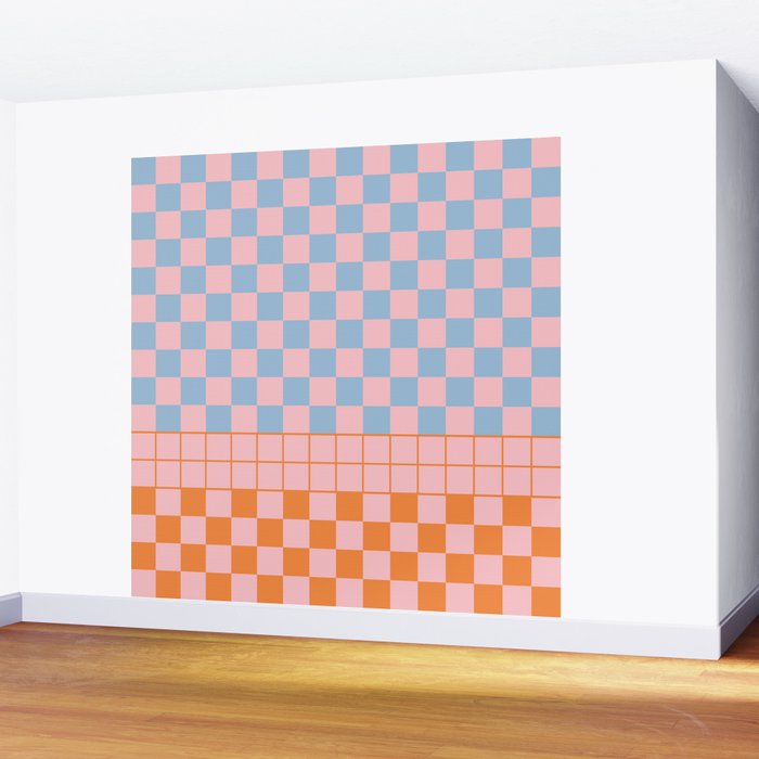Checkered Triplet Mixed Check Pattern in Pastel Pink and Light Orange Wall Mural Gallery Image 2