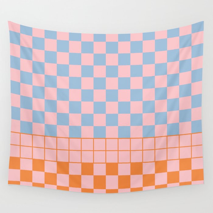 Checkered Triplet Mixed Check Pattern in Pastel Pink and Light Orange Wall Tapestry Gallery Image 4