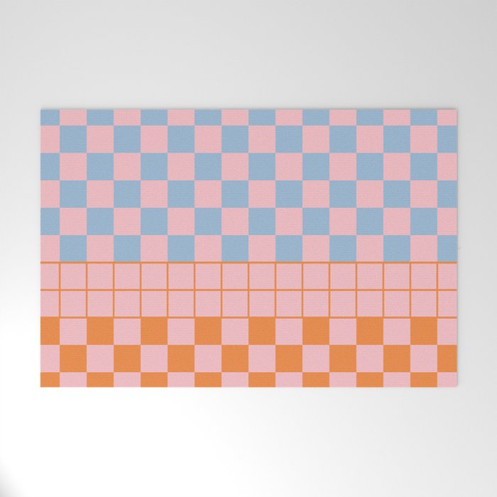 Checkered Triplet Mixed Check Pattern in Pastel Pink and Light Orange Welcome Mat Gallery Image 1
