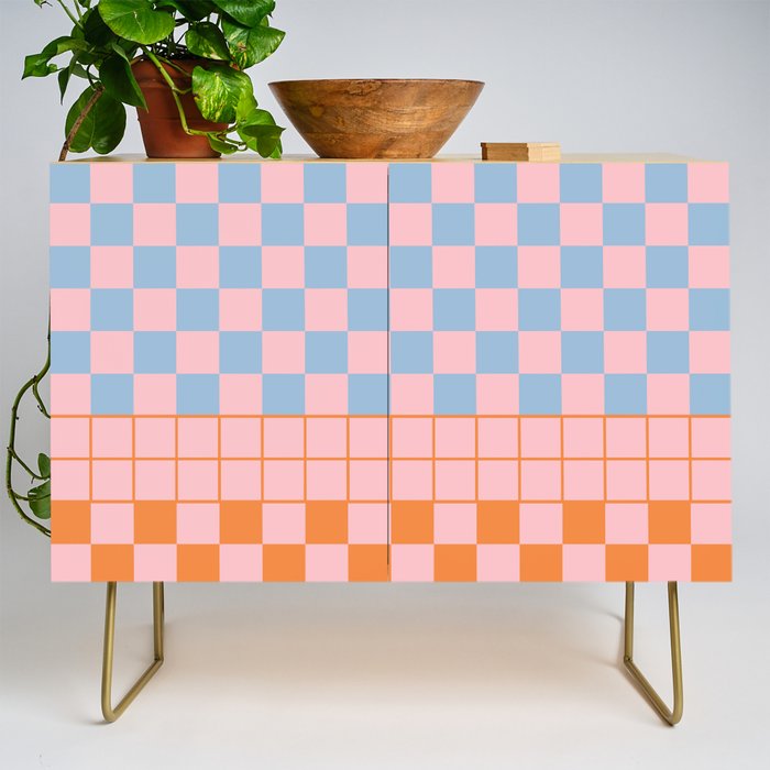Checkered Triplet Mixed Check Pattern in Pastel Pink and Light Orange Credenza Gallery Image 1