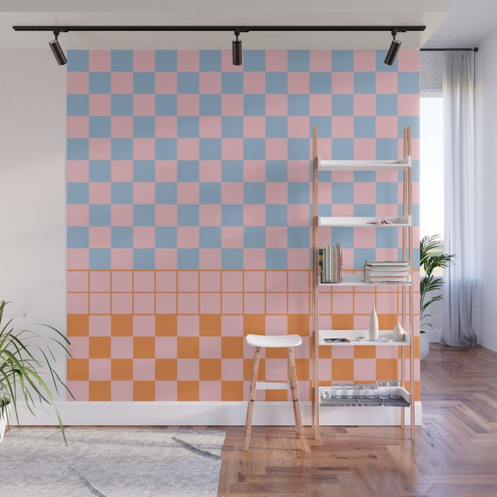 Checkered Triplet Mixed Check Pattern in Pastel Pink and Light Orange Wall Mural Gallery Image 1