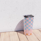 Checkered Triplet Mixed Check Pattern in Pastel Pink and Light Orange Travel Mug Gallery Image 4