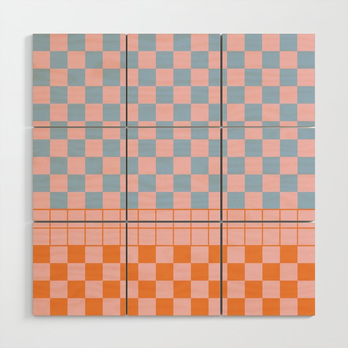 Checkered Triplet Mixed Check Pattern in Pastel Pink and Light Orange Wood Wall Art Gallery Image 1