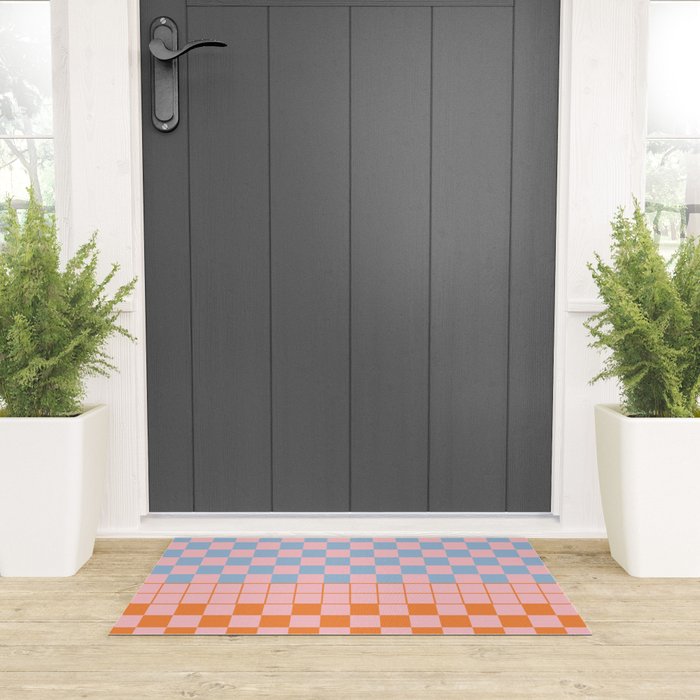 Checkered Triplet Mixed Check Pattern in Pastel Pink and Light Orange Welcome Mat Gallery Image 3