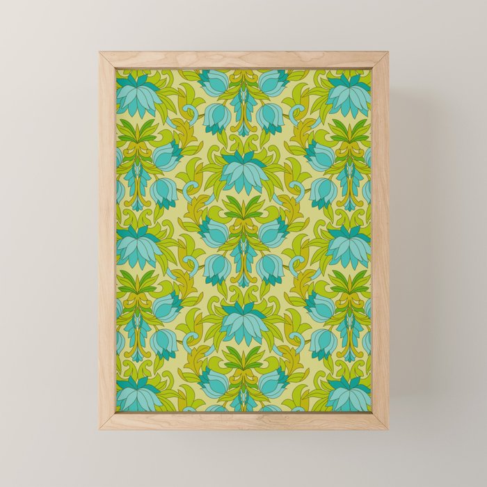 Turquoise and Green Leaves 1960s Retro Vintage Pattern Mini Art Print Gallery Image 1