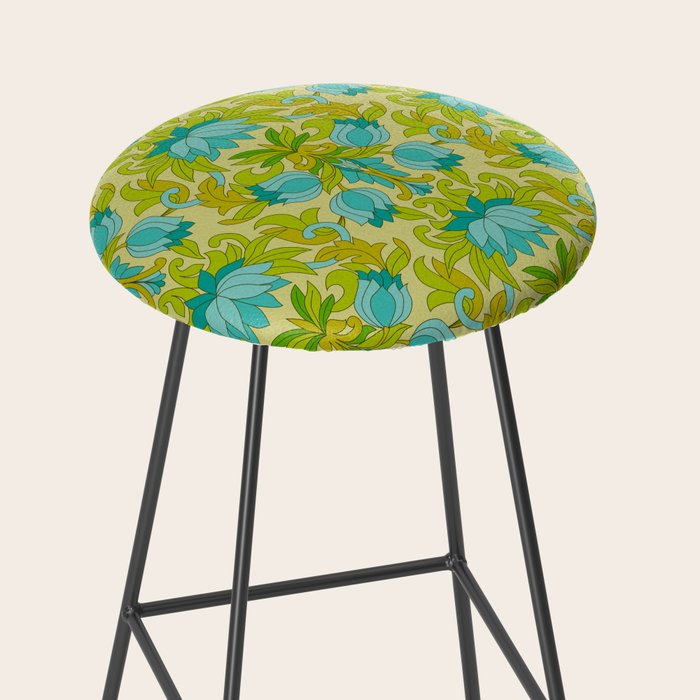 Turquoise and Green Leaves 1960s Retro Vintage Pattern Stool Gallery Image 2