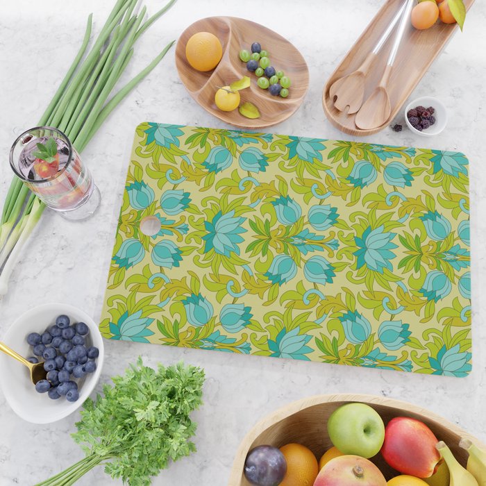 Turquoise and Green Leaves 1960s Retro Vintage Pattern Cutting Board Gallery Image 2