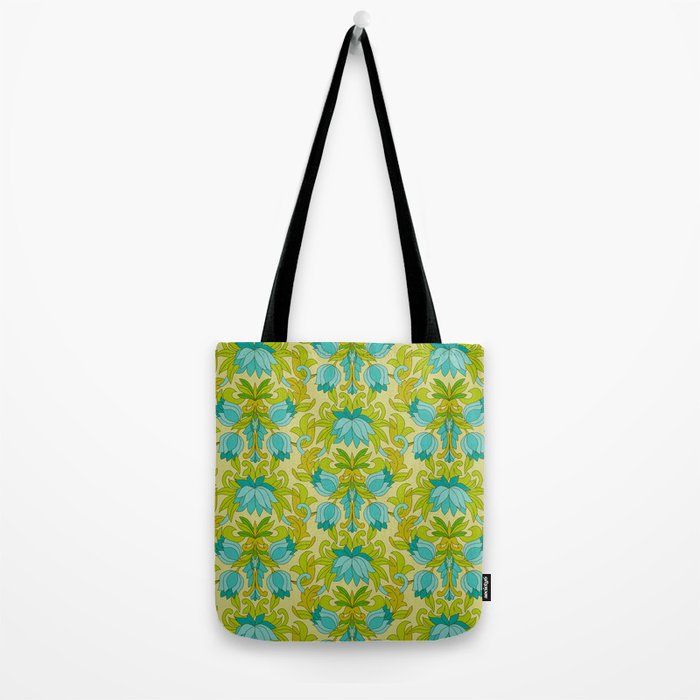 Turquoise and Green Leaves 1960s Retro Vintage Pattern Tote Bag Gallery Image 2