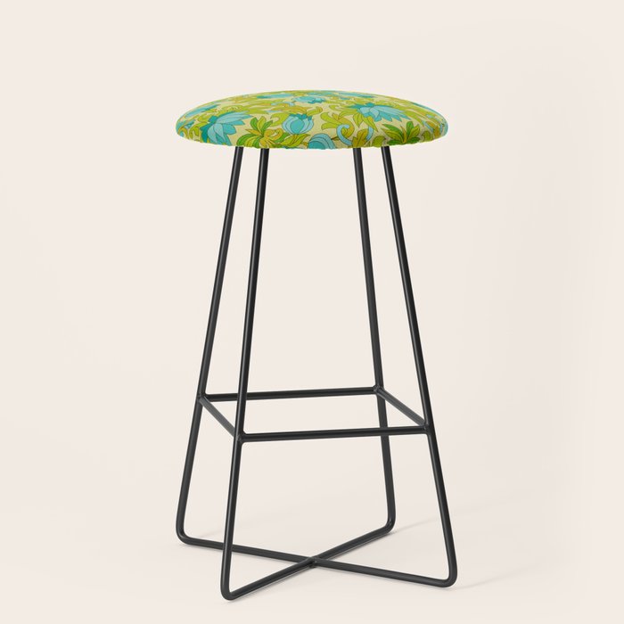 Turquoise and Green Leaves 1960s Retro Vintage Pattern Stool Gallery Image 1