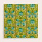 Turquoise and Green Leaves 1960s Retro Vintage Pattern Wood Wall Art Gallery Image 1