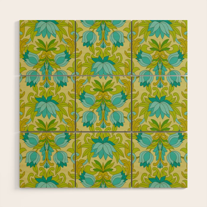 Turquoise and Green Leaves 1960s Retro Vintage Pattern Wood Wall Art Gallery Image 1