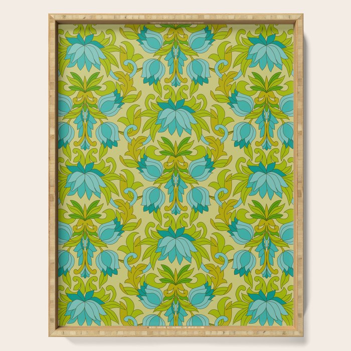 Turquoise and Green Leaves 1960s Retro Vintage Pattern Serving Tray Gallery Image 1
