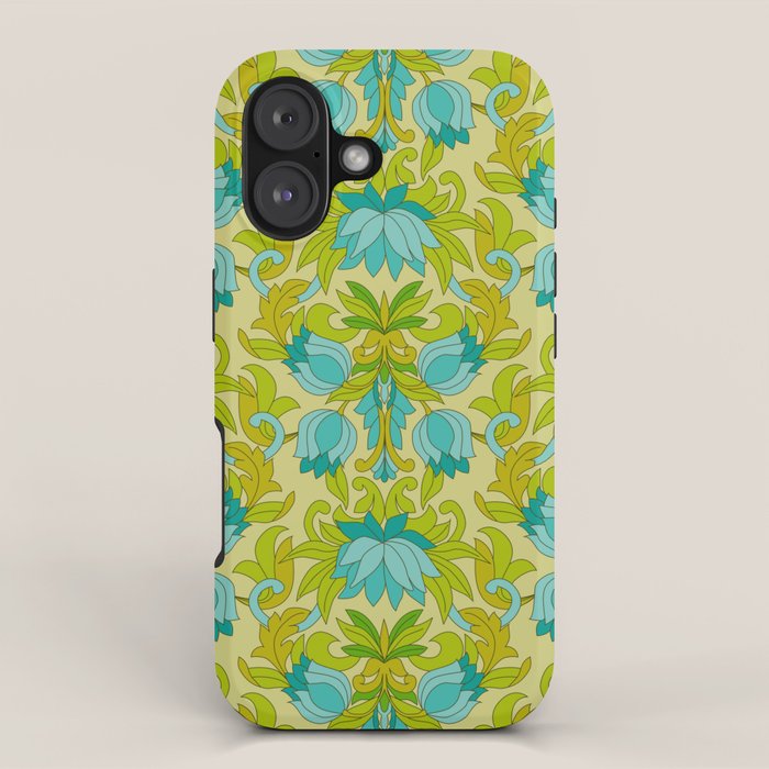 Turquoise and Green Leaves 1960s Retro Vintage Pattern iPhone Case Gallery Image 1