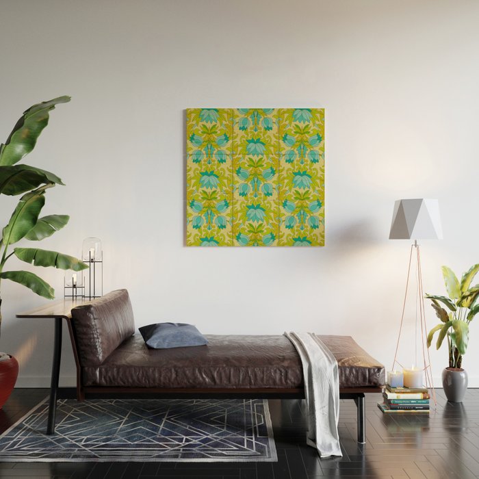 Turquoise and Green Leaves 1960s Retro Vintage Pattern Wood Wall Art Gallery Image 2