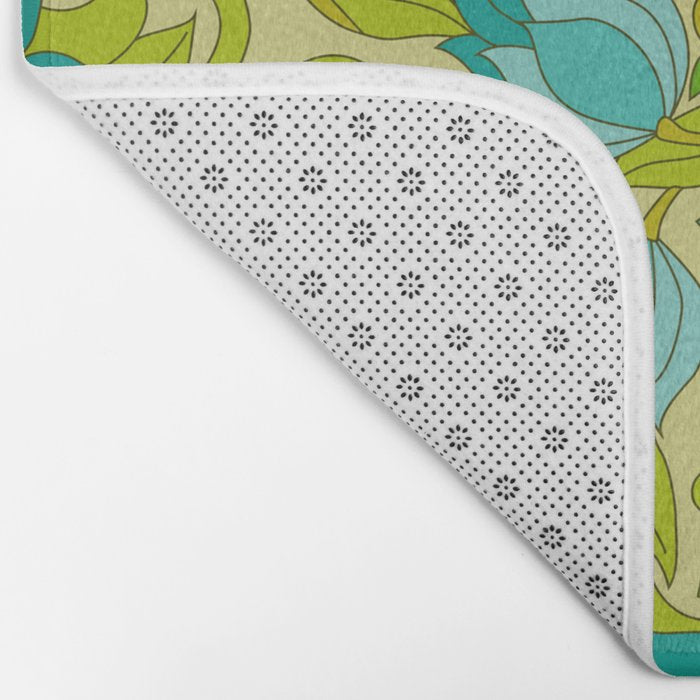 Turquoise and Green Leaves 1960s Retro Vintage Pattern Bath Mat Gallery Image 2