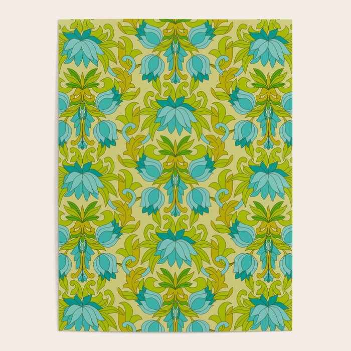 Turquoise and Green Leaves 1960s Retro Vintage Pattern Poster Gallery Image 4