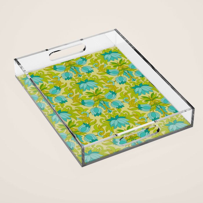 Turquoise and Green Leaves 1960s Retro Vintage Pattern Acrylic Tray Gallery Image 1