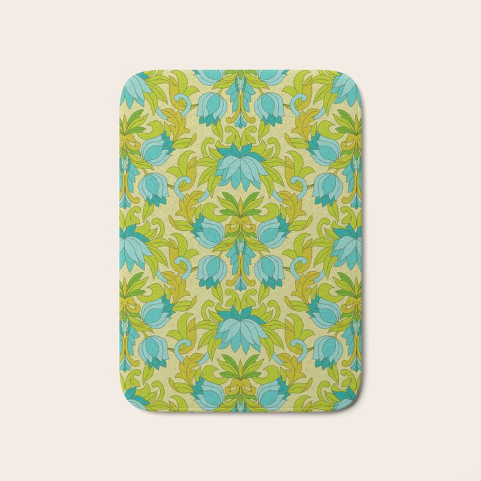 Turquoise and Green Leaves 1960s Retro Vintage Pattern Bath Mat Gallery Image 1
