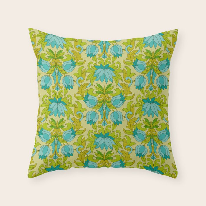 Turquoise and Green Leaves 1960s Retro Vintage Pattern Throw Pillow Gallery Image 6