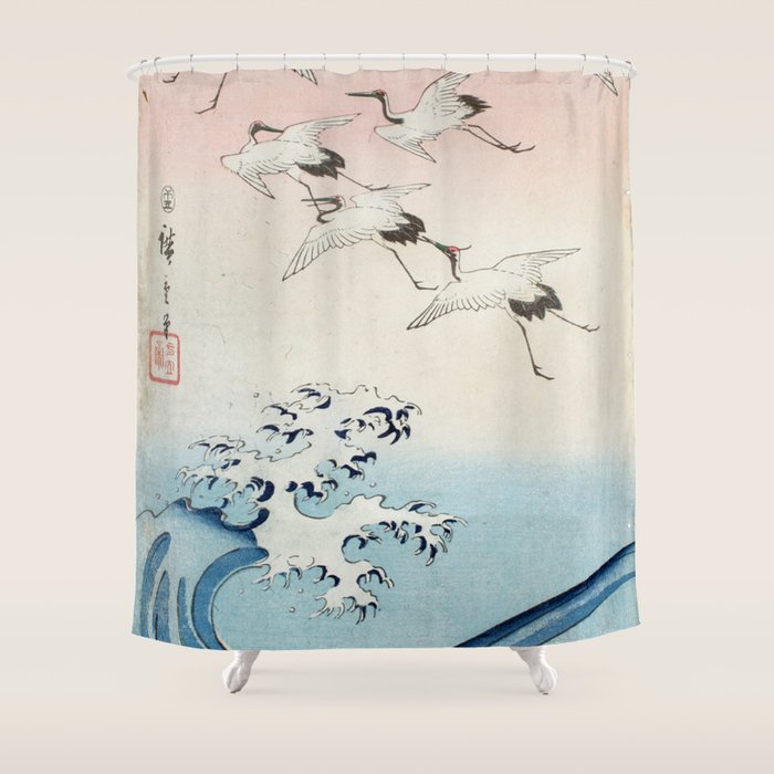 Hiroshige Cranes Flying over Waves  Shower Curtain Gallery Image 1