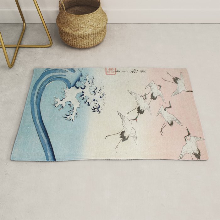 Hiroshige Cranes Flying over Waves  Rug Gallery Image 1