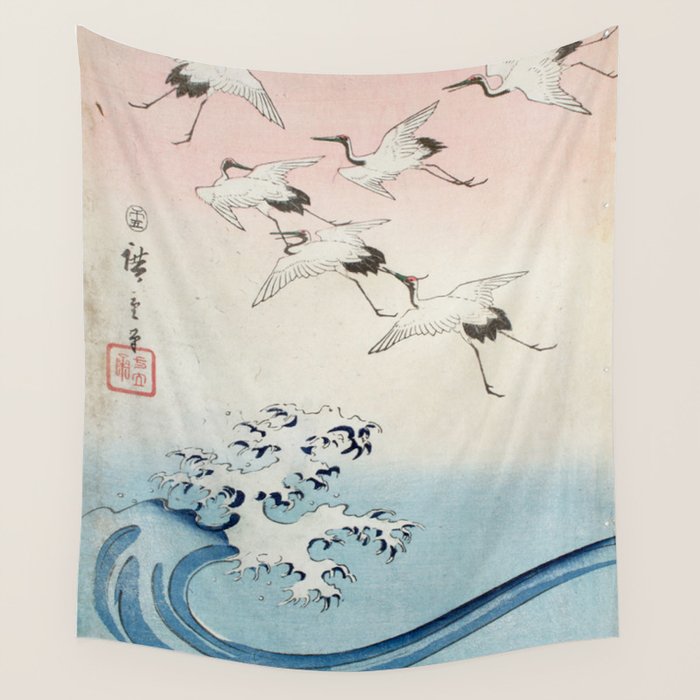 Hiroshige Cranes Flying over Waves  Wall Tapestry Gallery Image 1