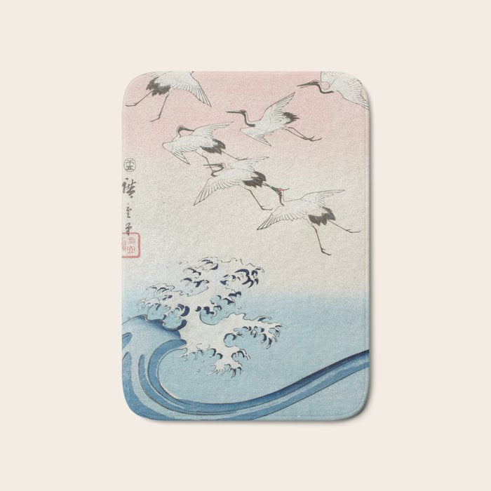 Hiroshige Cranes Flying over Waves  Bath Mat Gallery Image 1