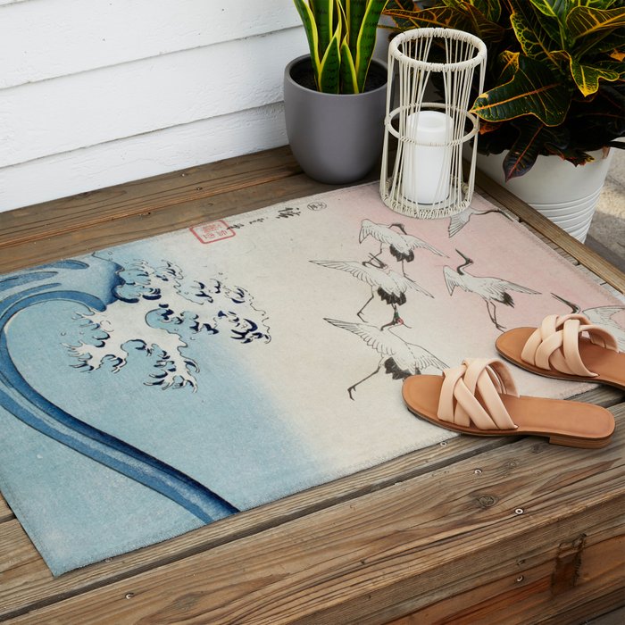 Hiroshige Cranes Flying over Waves  Outdoor Rug Gallery Image 2