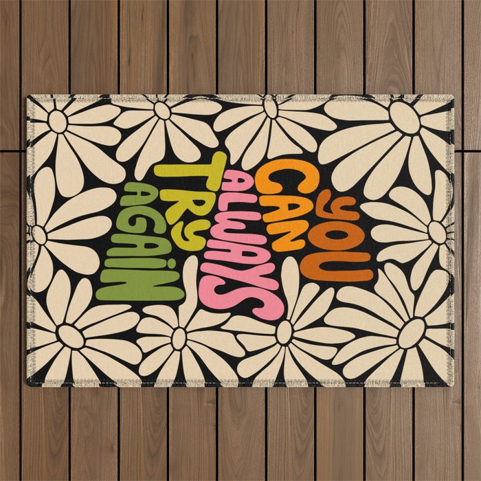 Retro Floral Lettering - You can always try again Outdoor Rug Gallery Image 1