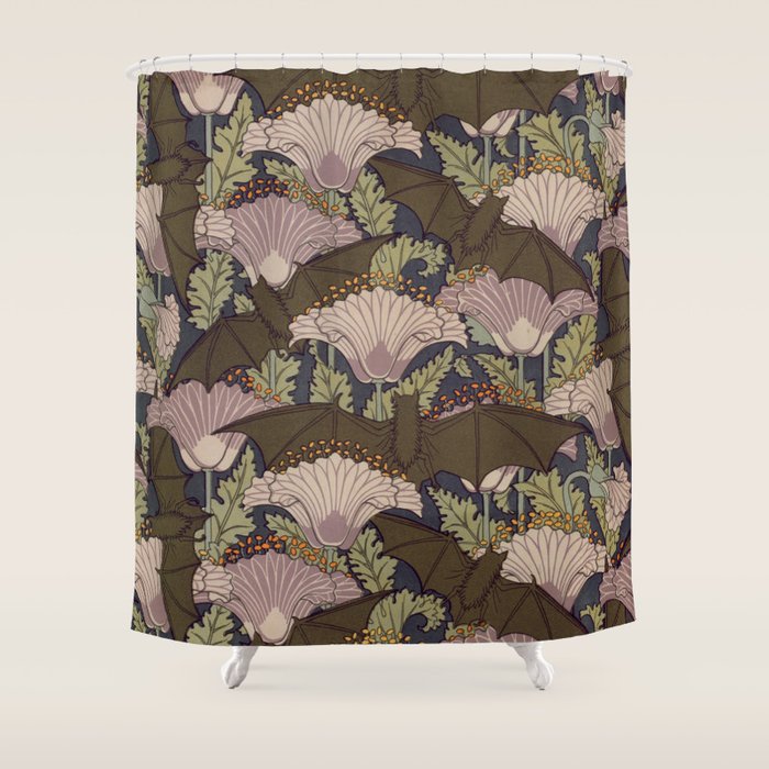 Vintage Art Deco Bat and Flowers Shower Curtain Gallery Image 1