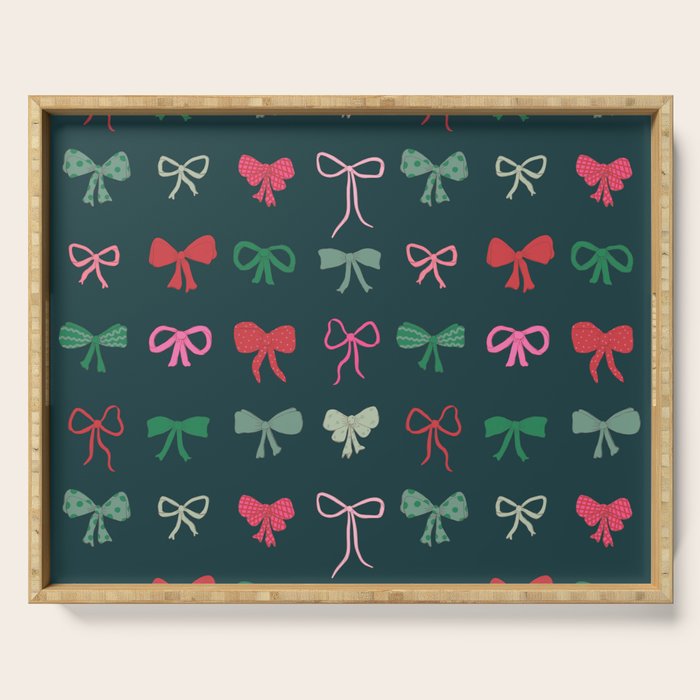 Christmas bows pattern green pink red Serving Tray Gallery Image 1