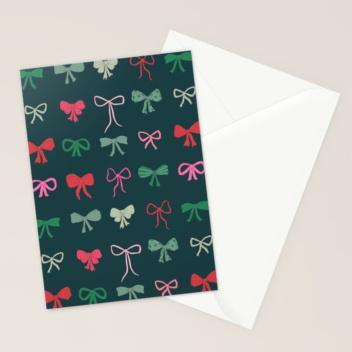 Christmas bows pattern green pink red Stationery Card Gallery Image 2