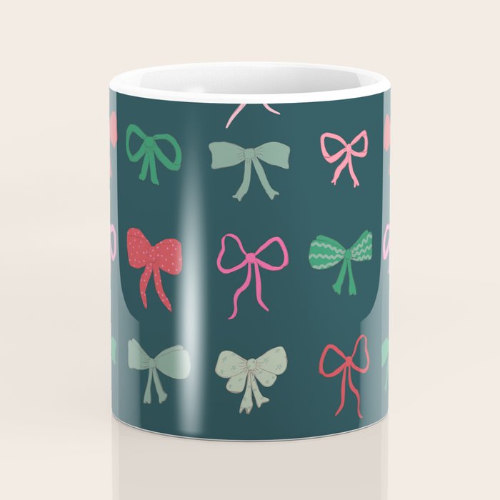 Christmas bows pattern green pink red Coffee Mug Gallery Image 4