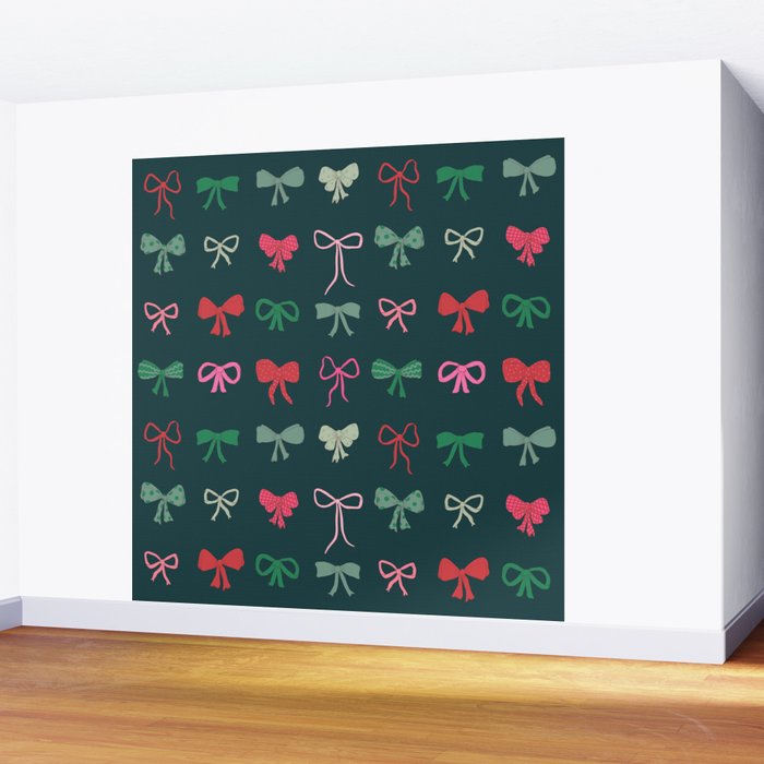 Christmas bows pattern green pink red Wall Mural Gallery Image 2