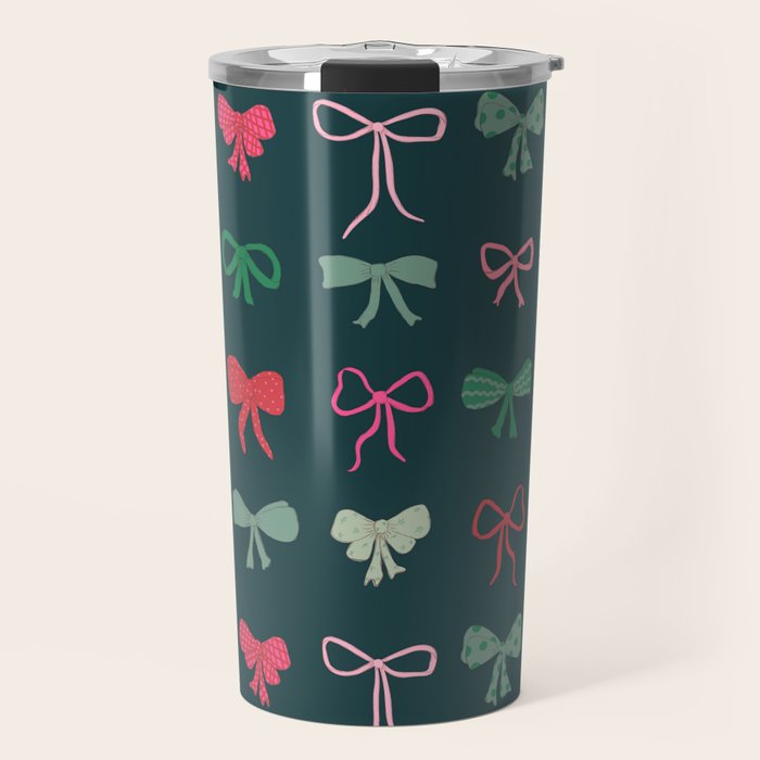 Christmas bows pattern green pink red Travel Mug Gallery Image 1
