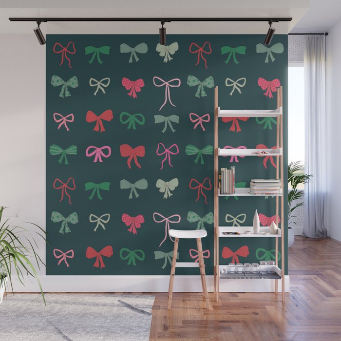 Christmas bows pattern green pink red Wall Mural Gallery Image 1