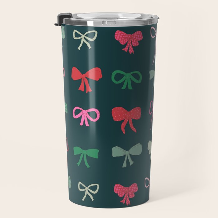 Christmas bows pattern green pink red Travel Mug Gallery Image 3