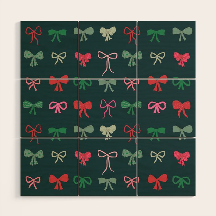Christmas bows pattern green pink red Wood Wall Art Gallery Image 1