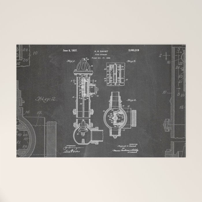 Fire Hydrant Patent - Fireman Fire House Art - Black Chalkboard Welcome Mat Gallery Image 1
