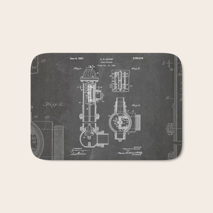 Fire Hydrant Patent - Fireman Fire House Art - Black Chalkboard Bath Mat Gallery Image 1