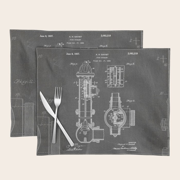 Fire Hydrant Patent - Fireman Fire House Art - Black Chalkboard Placemat Gallery Image 1