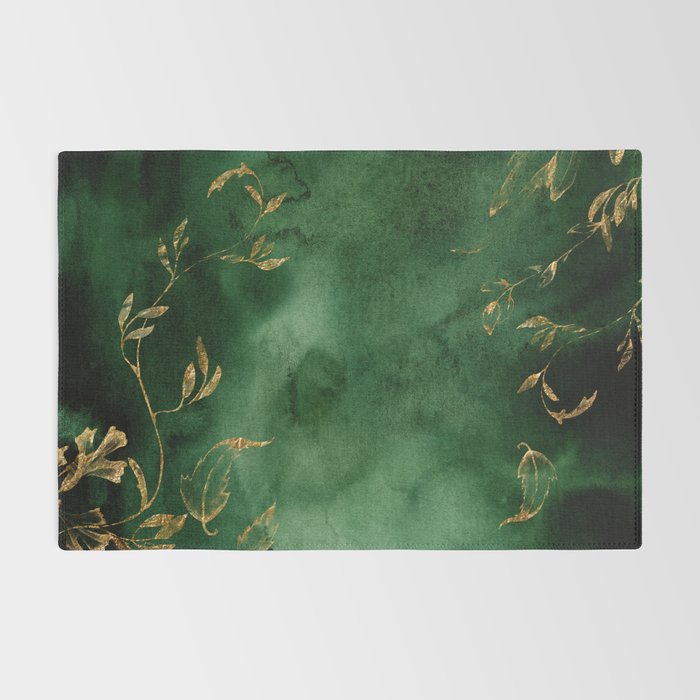 Winter Gold Flowers On Emerald Marble Texture Rug Gallery Image 2