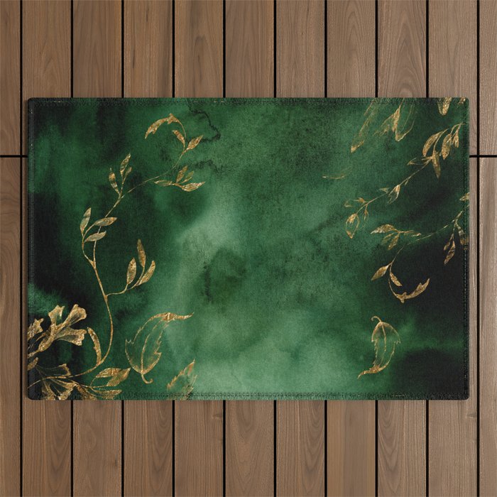 Winter Gold Flowers On Emerald Marble Texture Outdoor Rug Gallery Image 1