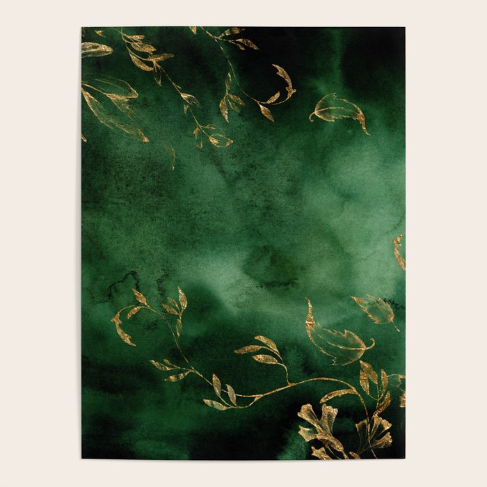 Winter Gold Flowers On Emerald Marble Texture Poster Gallery Image 1