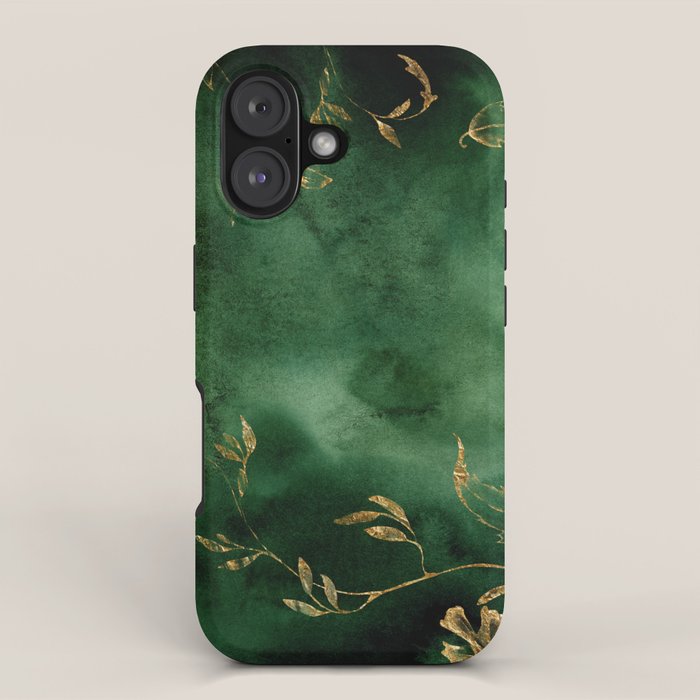 Winter Gold Flowers On Emerald Marble Texture iPhone Case Gallery Image 1