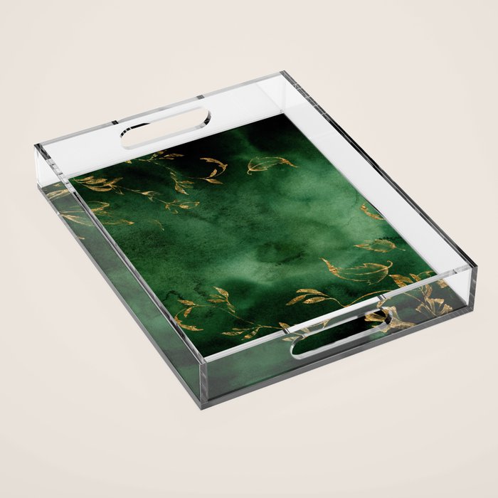 Winter Gold Flowers On Emerald Marble Texture Acrylic Tray Gallery Image 1