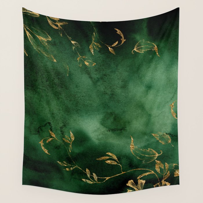 Winter Gold Flowers On Emerald Marble Texture Wall Tapestry Gallery Image 1