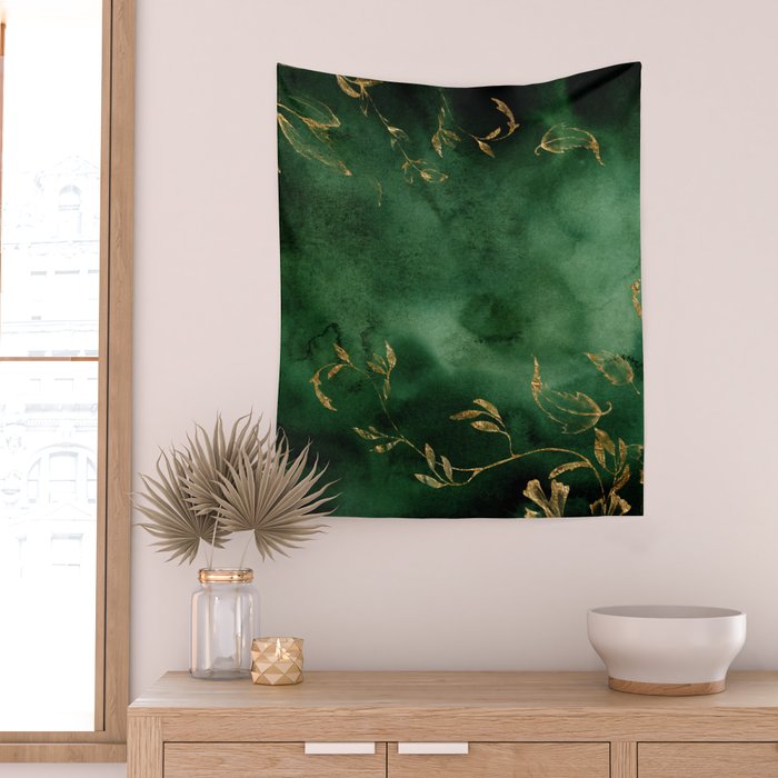 Winter Gold Flowers On Emerald Marble Texture Wall Tapestry Gallery Image 2
